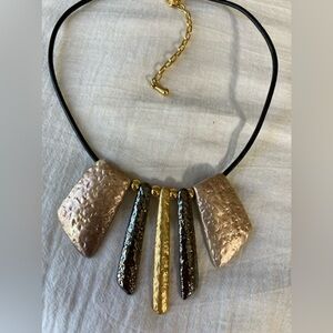 Multi Colored Hammered Metal Black‎ Leather Necklace